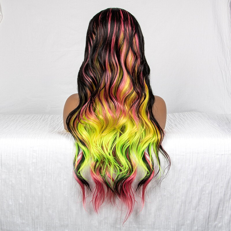 Pelucas de cabello sintético de colores, postizo de encaje frontal largo de 30 pulgadas, negro, amarillo, rosa, mezclado, resistente al calor