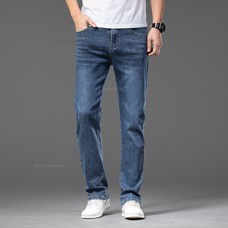 2024 Summer New Men's Thin Jeans Elastic Waist Loose Straight Comfortable Casual Denim Pants Brand Trousers Plus Size 42 44 46