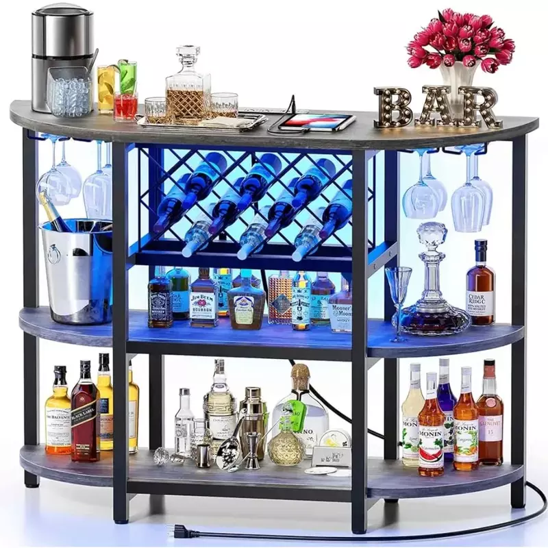 Mini Bar Mesa com Tomada de Energia, LED Home Cabinet para Licor, Metal Wine Bar Stand, 4-Tier Storage