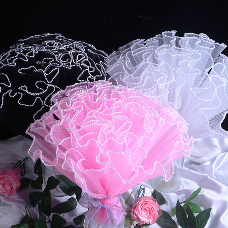 28Cm*4.5M Flower Wrapping Yarn Pearl Edge Wave Mesh Yarn Floral Bouquet Packaging Paper Valentine's Day Wedding Party Gift Decor