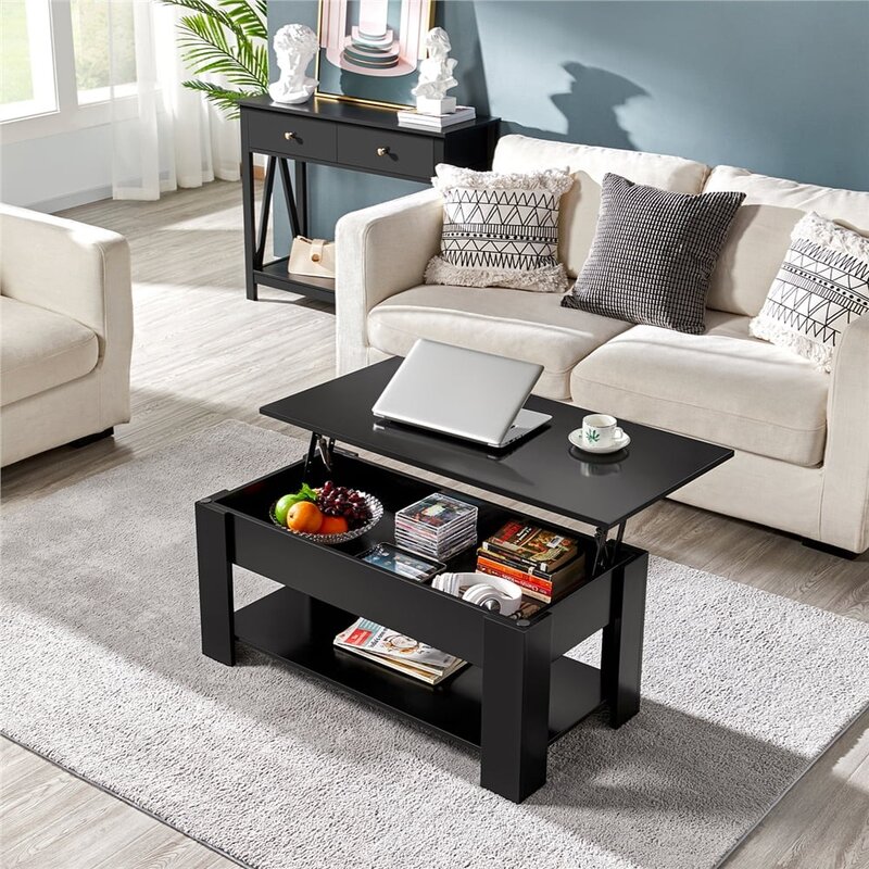 38.6" Wood Lift Top Coffee Table with Lower Shelf, Blac，kThe living room table， Sofa table