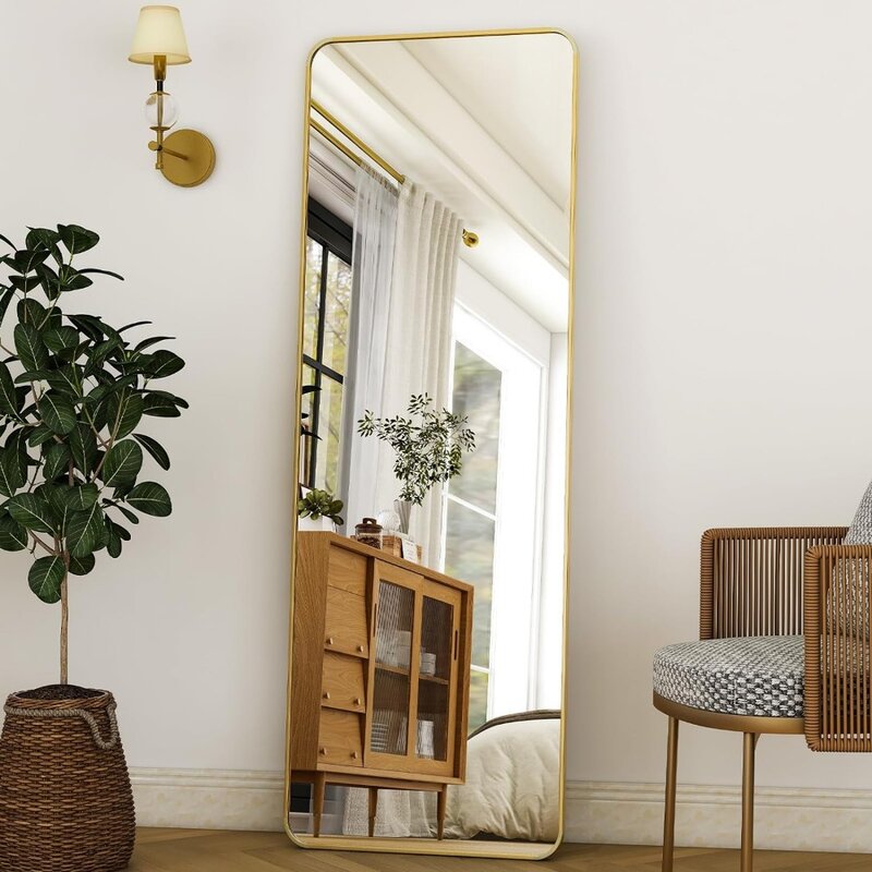 Rounded Full Length Mirror Aluminum Frame Gold Floor Mirror with Stand for Living Room 59" x 16“ Cloakroom Mirrors