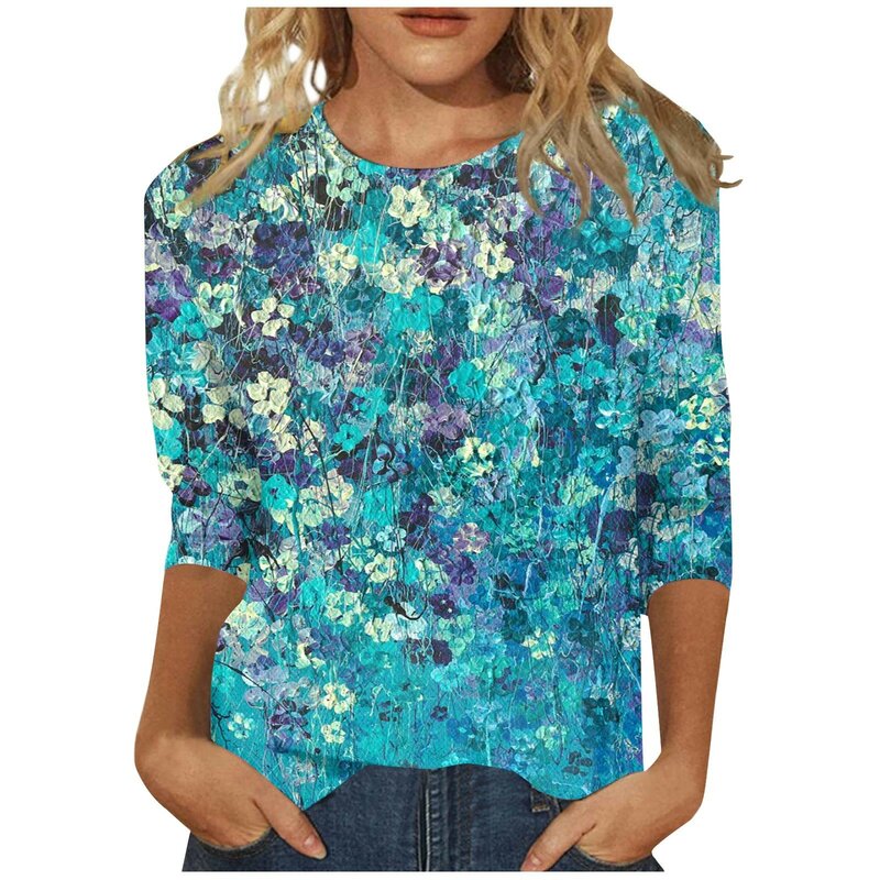 Koszulki z rękawem 3/4 dla kobiet Uroczy nadruk Graficzne koszulki Bluzki Casual Plus Size Basic Tops Pullover Roupas Femininas футболка 2024