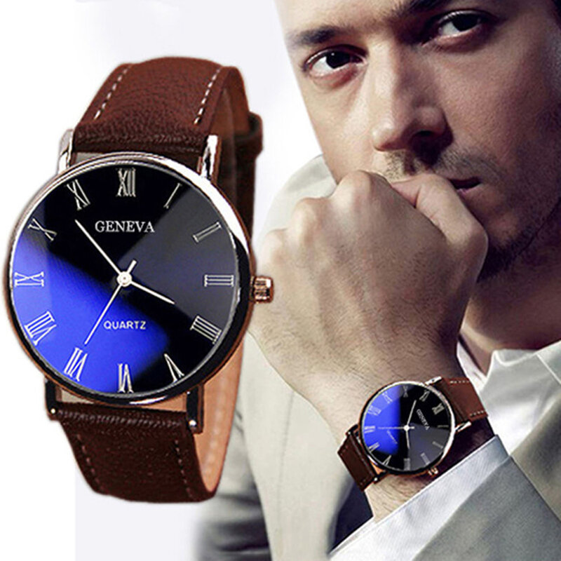 Мужские часы с римскими цифрами, кварцевые аналоговые деловые наручные часы Blu-Ray с ремешком из искусственной кожи, 2022