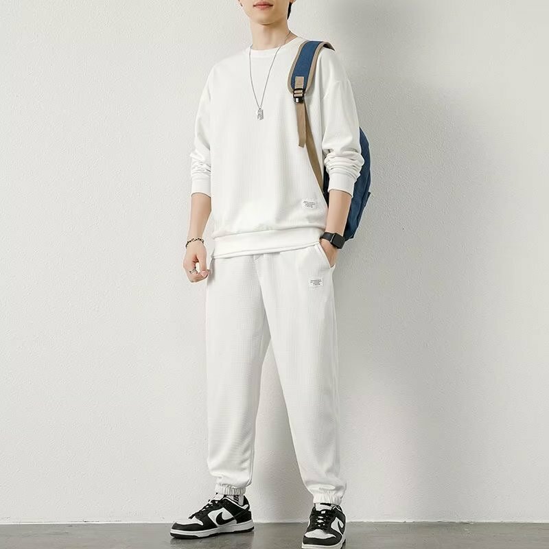 Новинка на весну футболка с длинным рукавом мужской повседневный спортивный комплект Мужская футболка и брюки комплект из двух предметов мужская одежда в Корейском стиле