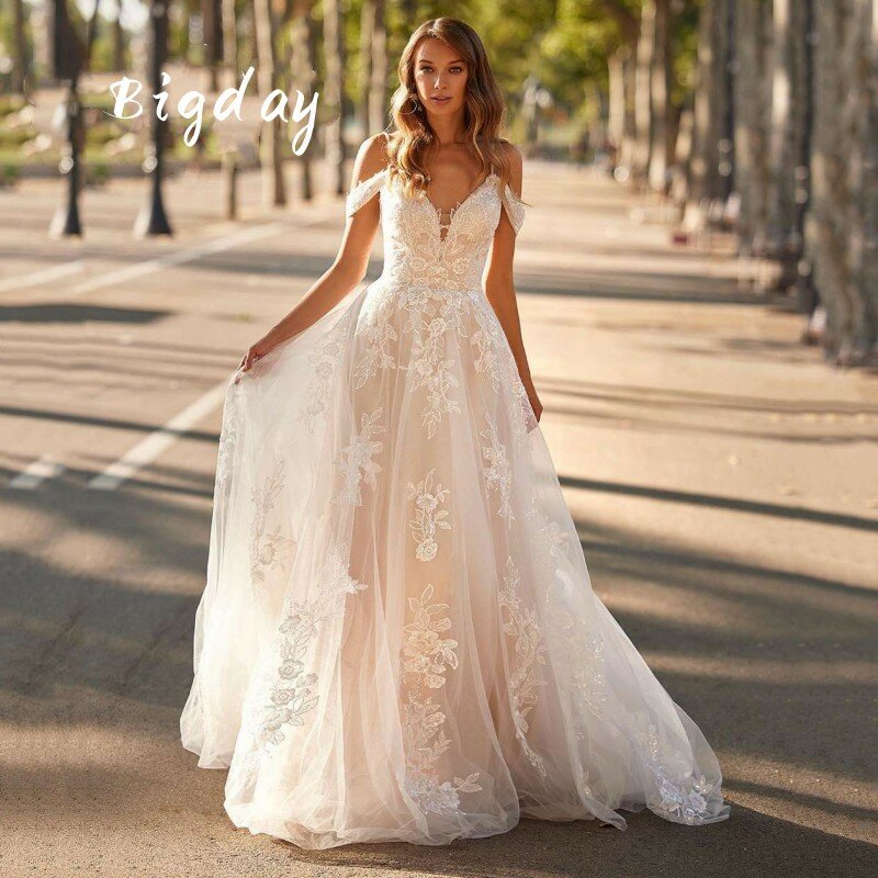 Elegant A-Line Wedding Dresses Women Open Back Lace White Sweetheart Off The Shoulder Bridal Gown Sweep Train Vestidos De Novia