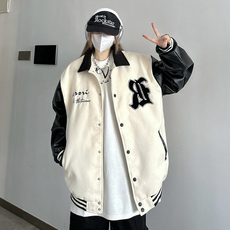 American Baseball Jacket Women 2023 Spring And Autumn PU Leather Patchwork Loose Embroidered Jacket For Men Bomber Coat