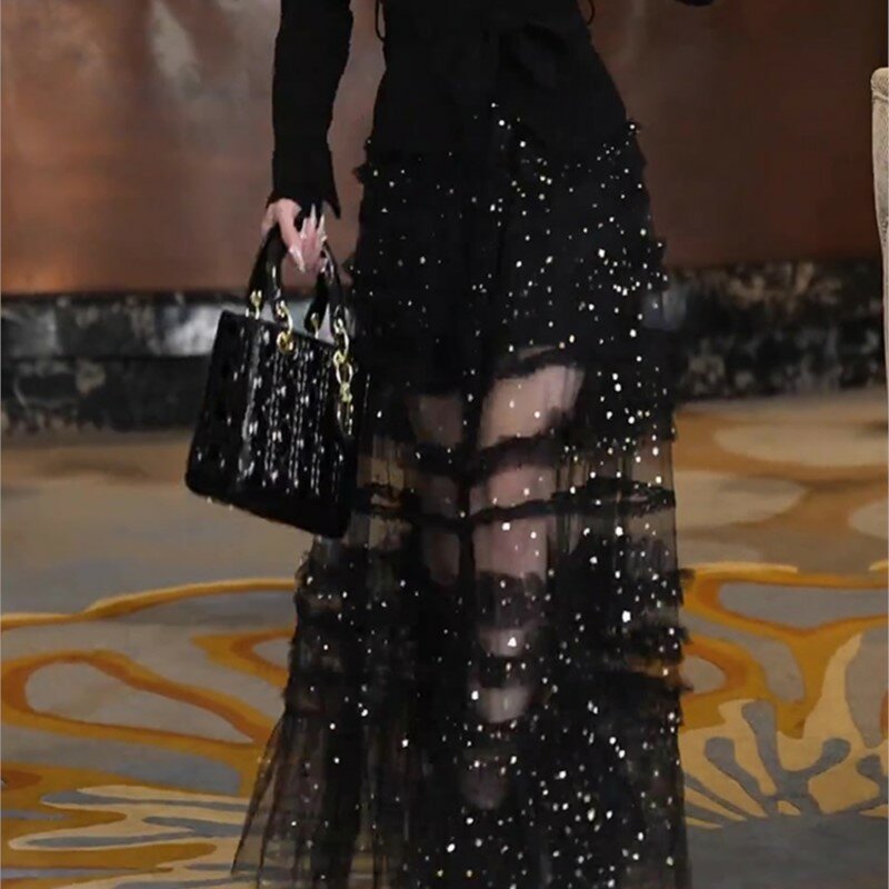 Robe longue élastique amincissante pour femme, jupe en maille à paillettes noires, taille haute, fouet, nouveau design