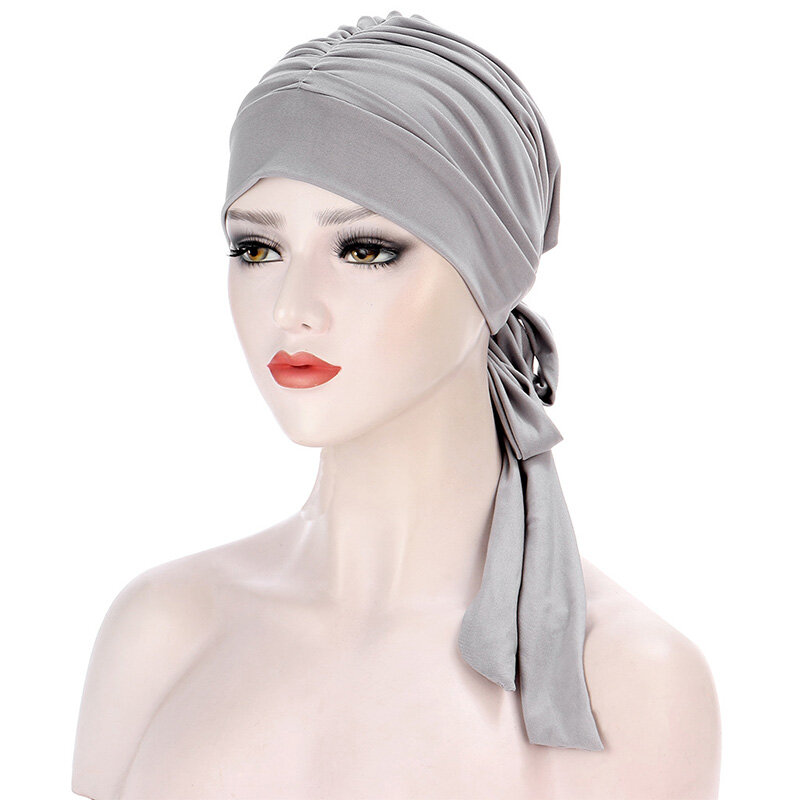 Jilbab dalam Muslim topi Turban wanita kerutan melar topi selendang penutup kepala pita panjang terikat syal kepala selendang penutup kepala wanita