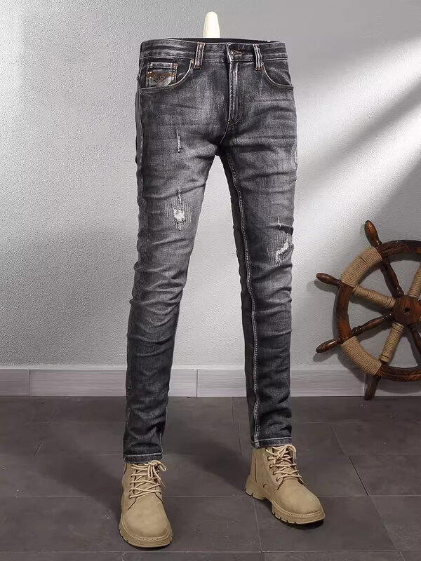 Fashion celana Jeans pria, celana Denim desainer Vintage elastis ramping pas badan, hitam abu-abu Retro kualitas tinggi
