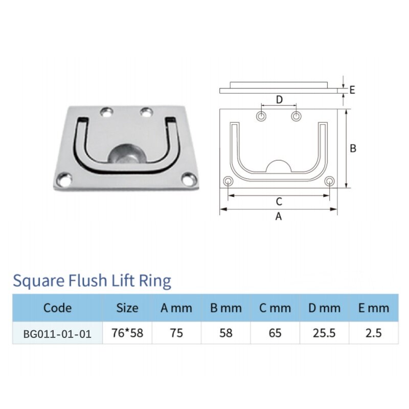 76*58 Boat Deck Hatches Handle Stainless Steel Boat Handle Pull Square Flush Lift Ring for Boat Marine Locker