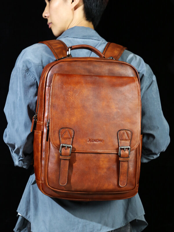 Рюкзак мужской из воловьей кожи, винтажный вместительный повседневный деловой портфель для компьютера, растительного дубления