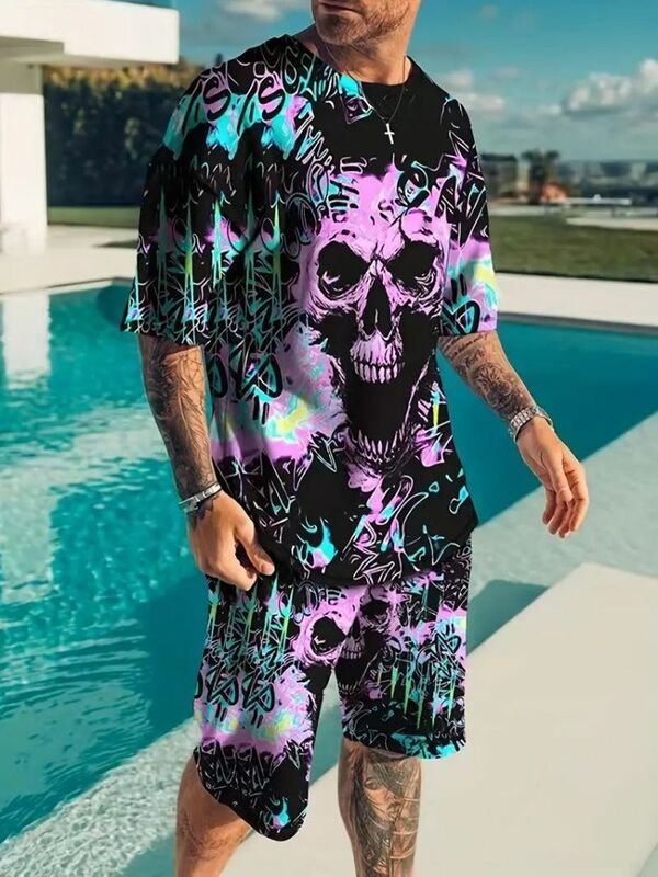 6 Bold 3D Skull Eye Print Summer Suits for Men - Comfortable Short-sleeved Tees and Stylish Shorts with Pockets - Perfect for Ca