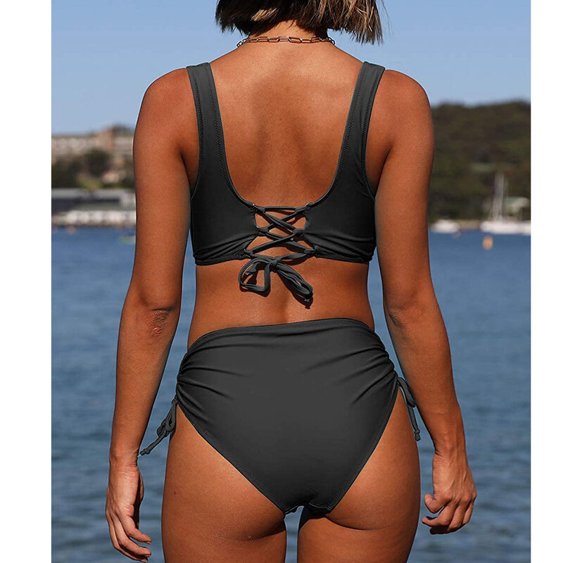 Conjunto de biquinis femininos 2022 verão moda sólida cintura alta maiô push up sexy beach wear cordão natação terno das senhoras