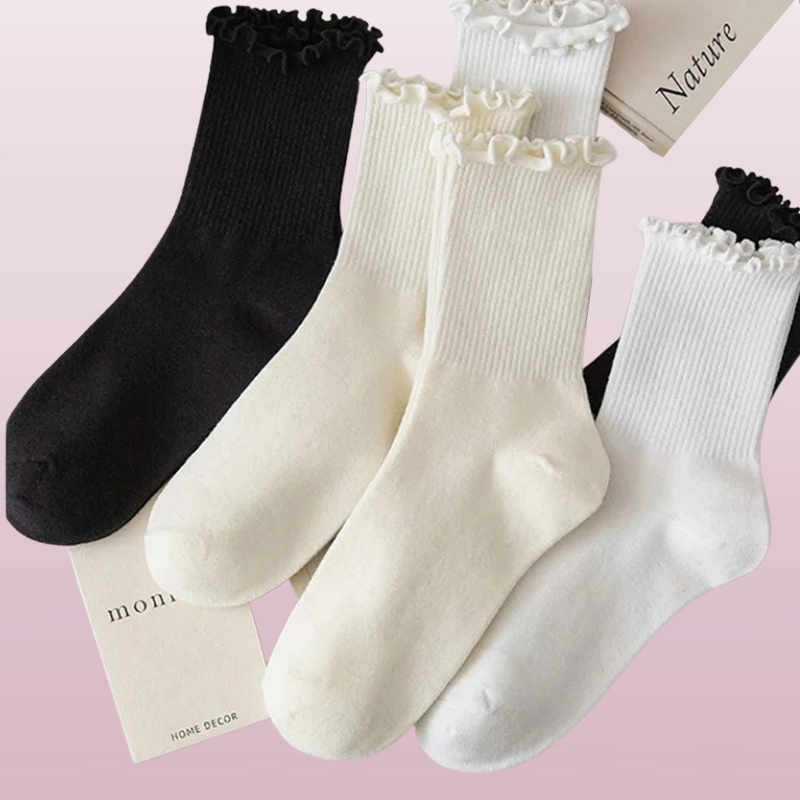 5 Paar/partij Sokken Voor Vrouwen Ruches Katoen Middenbuis Enkel Kort Ademend Zwart Wit Set Lente Herfst