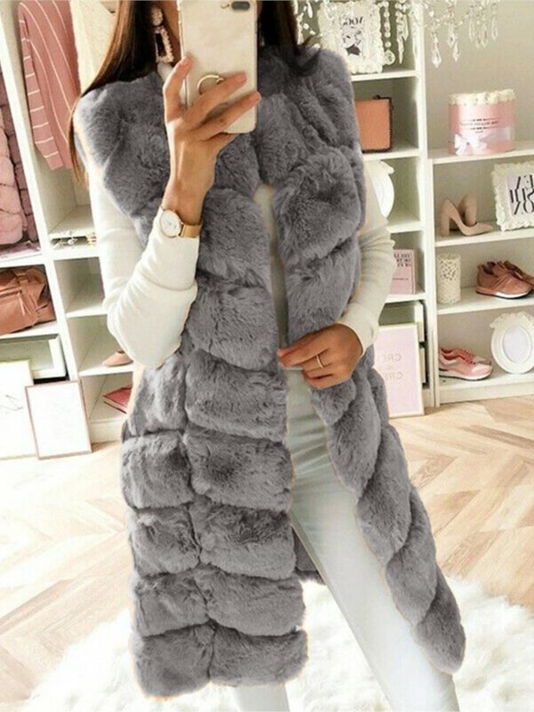 Mantel bulu palsu musim dingin wanita, jaket kasual mode 2023 kasual hangat ramping tanpa lengan panjang Furry Furry musim dingin berbulu