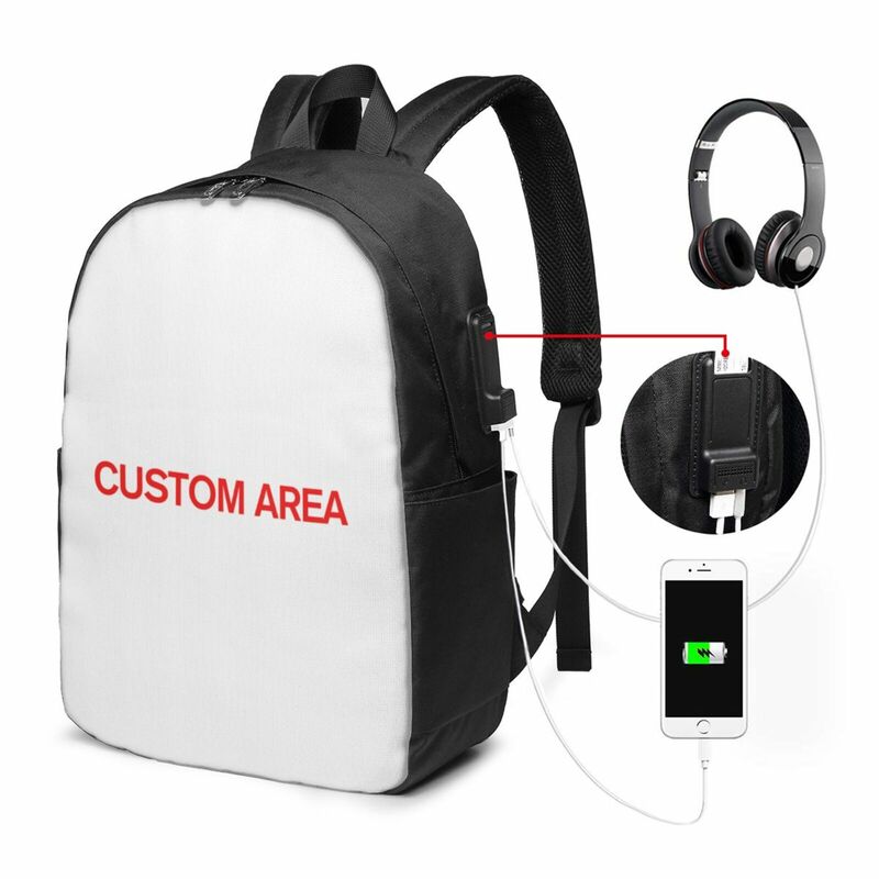 Mochilas de moda personalizadas com fone de ouvido USB para mulheres e homens, mochila casual para escola, bolsas universitárias