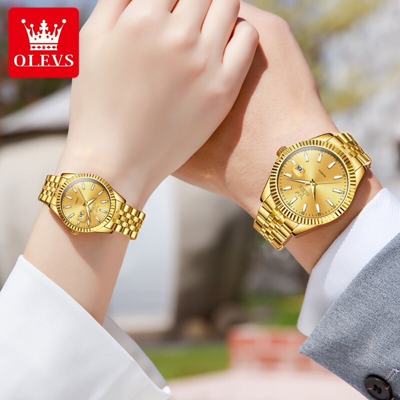 OLEVS 커플 시계 골드 스테인레스 스틸 스트랩 쿼츠 시계, 그와 그녀의 달력, 로맨틱 연인, 오리지널 럭셔리, 남녀