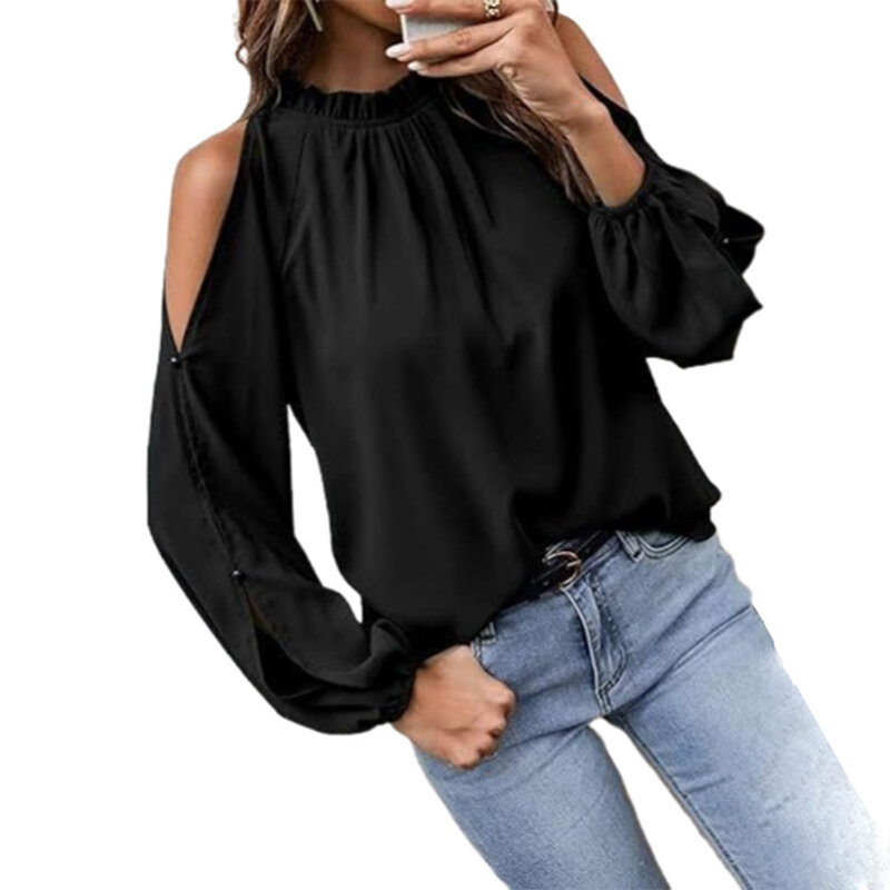 Women's Black Fashion Shirt Ruffles Edge Stand Collar Long Sleeved Shoulder Hollowed Out Office Lady Top Loose Fit Pullover