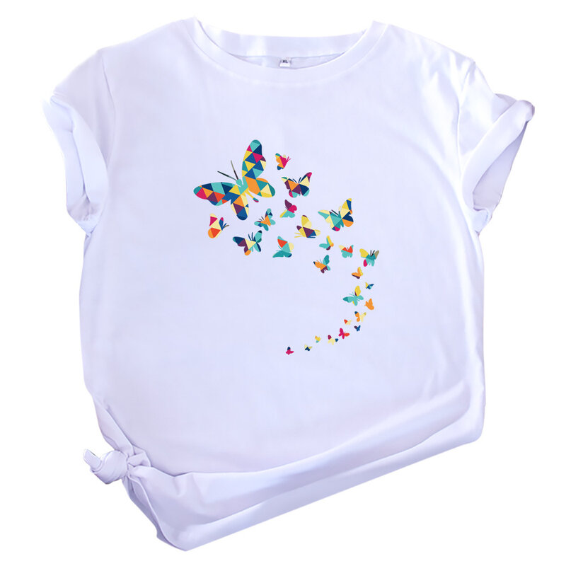 Camiseta feminina de algodão de manga curta, tops grandes, estampa borboleta, europeia e americana, moda de verão, nova, 100%