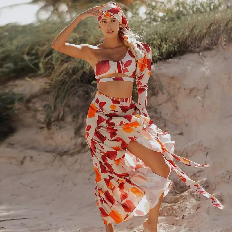 Conjunto de biquíni estampado moda praia para mulheres, maiô saia envoltório, cintura alta para cobrir, sarong sexy mais maiô, novo, 2024