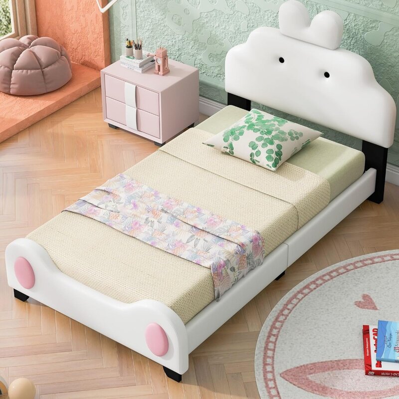 Cabecero y reposapiés de dibujos animados para niños, marco de cama con soporte de tablero de madera, marco de cama de plataforma de cojín suave de PU