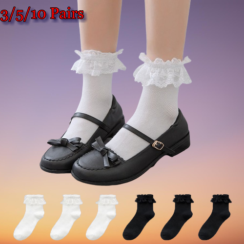 New 3/5/10 Pairs Women Summer Mid Sleeve JK Uniform Socks Japanese Cute Lolita Fashion High Quality Solid Color Sweet Lace Socks