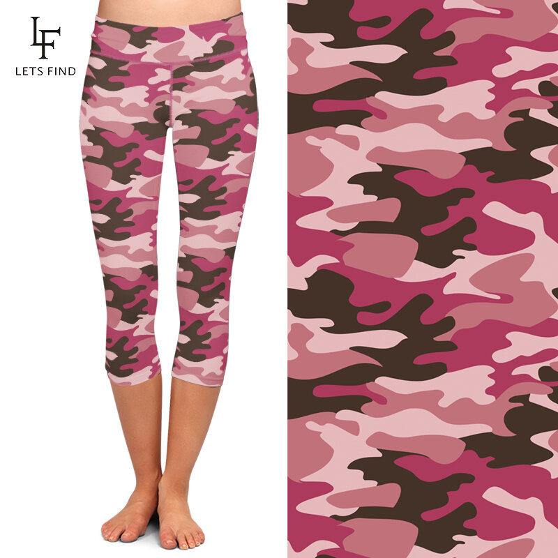 LETSFIND nuove donne a vita alta Capri Leggings rosa stampa mimetica metà polpaccio 3/4 Leggings elasticizzati Freee Shipping