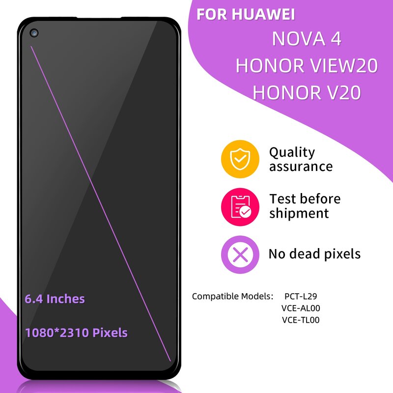 Huawei nova 4, 6.4インチ,フロントスクリーン接着剤用の交換用タッチスクリーン
