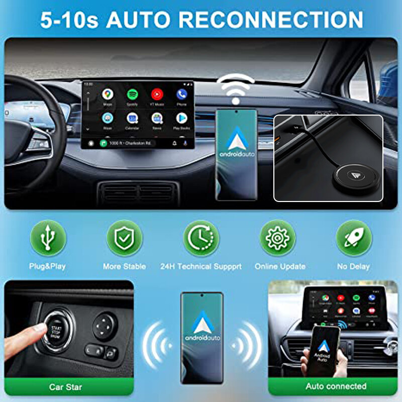 Adaptador sem fio Android Auto Car, Dongle para OEM, Carro AA com fio converte telefones Android com fio