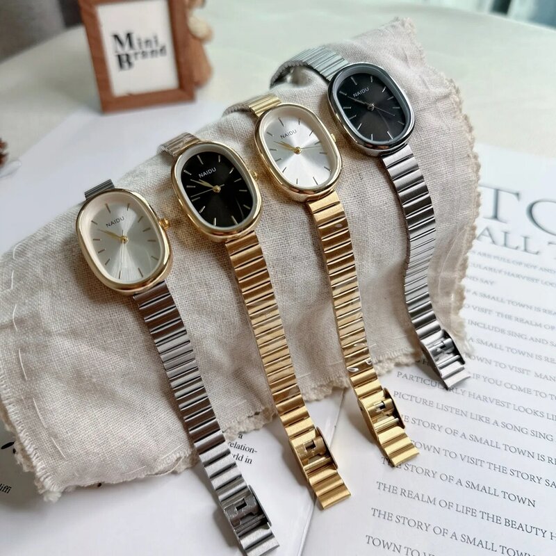 여성용 쿼츠 시계, 럭셔리 타원형 패션 미니 케이스, 작은 로마 숫자 다이얼, 여성 풀 메탈 밴드 시계, 니치 손목시계