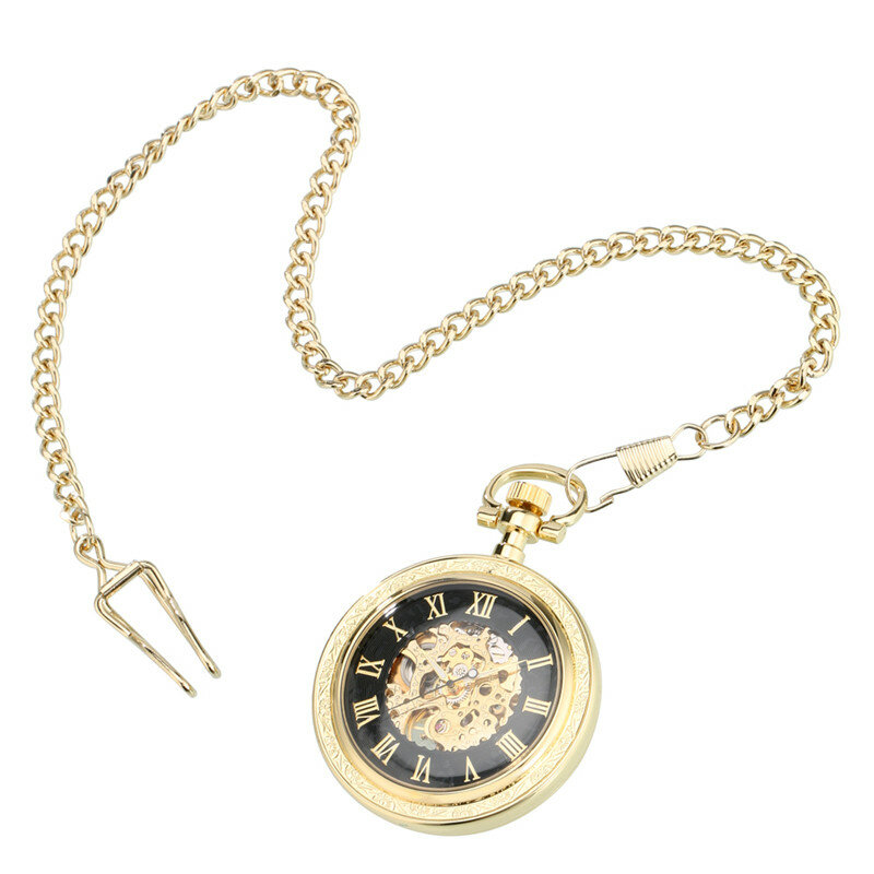 Relógio de bolso com display numérico romano masculino, relógio mecânico automático, corrente fob, relógios colecionáveis, amarelo, dourado, luxo