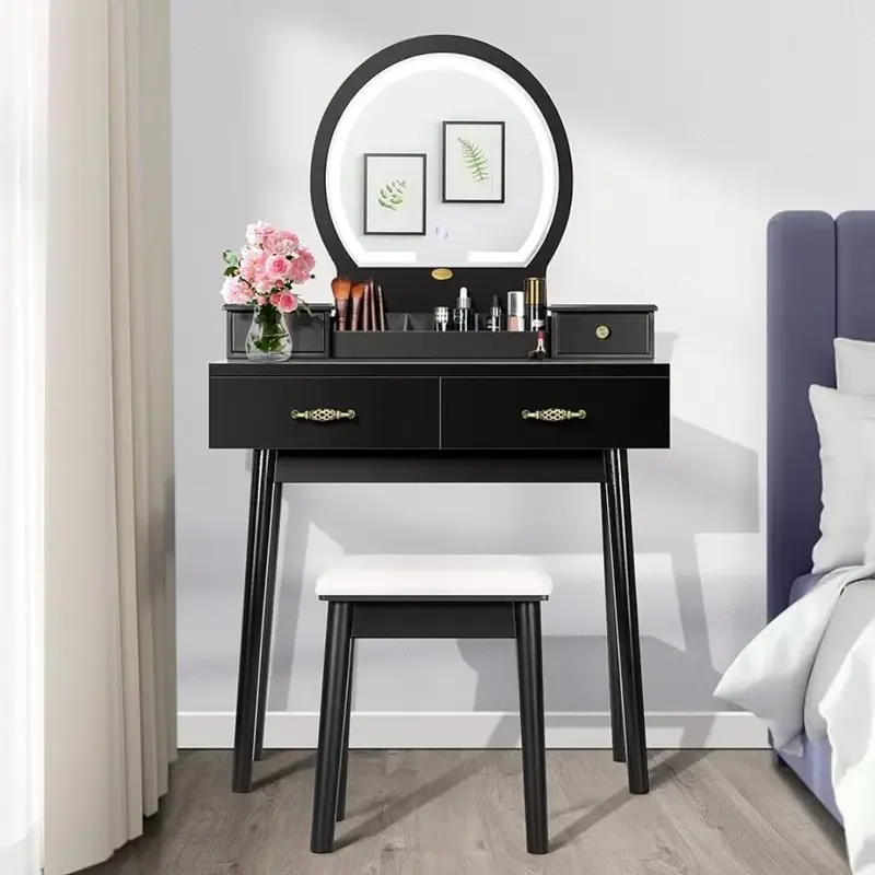 Dresser set with tri-colour dimmable mirrors, upholstered stool, black, dresser with drawers