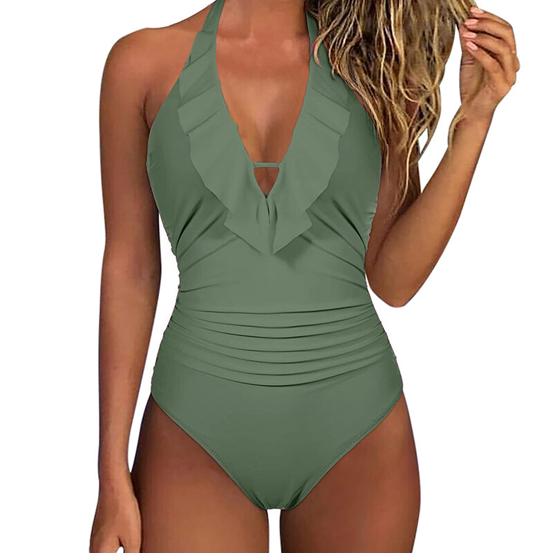 Bañador de una pieza con cuello Halter para mujer, Monokini liso con escote en V profundo, sujetador acolchado, ropa de playa, 2023