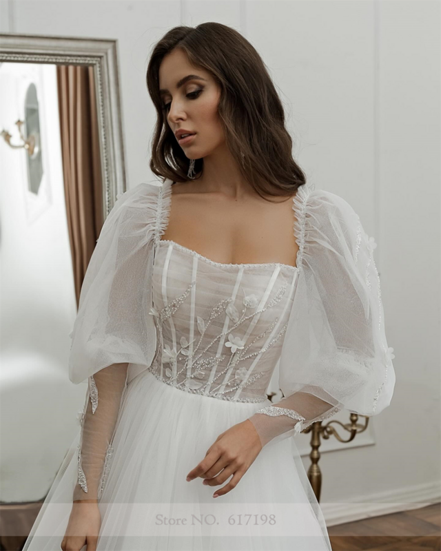 Elegante vestido de novia de encaje de tul para mujer, corte de línea a, manga larga abullonada, vestidos de fiesta de boda