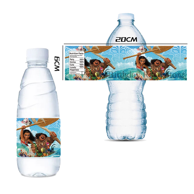 Moana Theme Cartoon Bottle Sticker Labels, Juice Bottle Stickers, Decorações de festa à prova d'água, Kid's Birthday Supplies