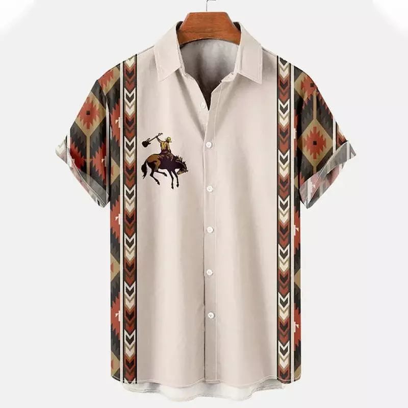 Camisas de manga corta con estampado étnico Vintage para hombre, camisas informales hawaianas con solapa de mezclilla y botones