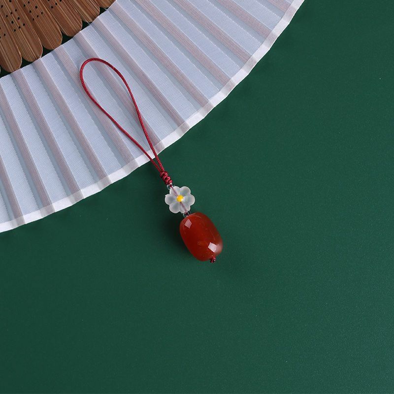 Red Agate Flower Mobile Phone Chain Women's U Disk Anti-loss Pendant Exquisite Short Antique Simple Design Girlfriend Lanyard