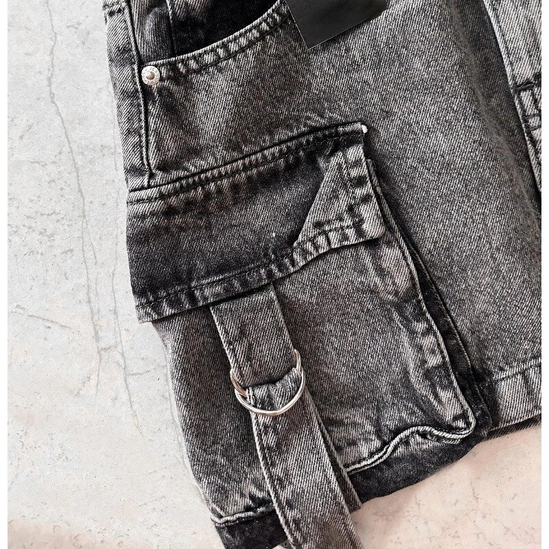 Y2kミニマルチポケットデニムスカート,原宿ファッション,カジュアルで用途の広いストリートウェア,無地,夏,2024