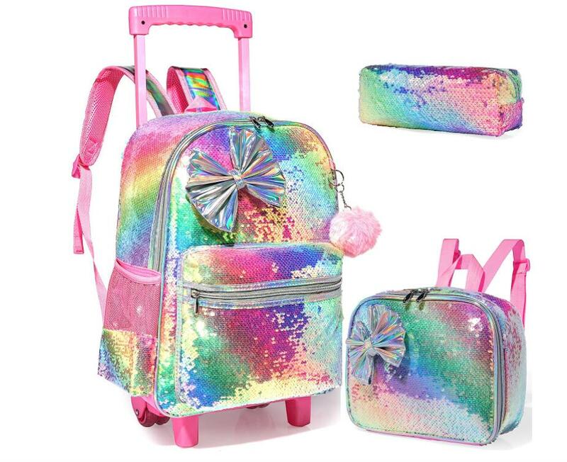 Детский семейный набор с сумкой для ланча, сумка для ручек, школьный рюкзак на колесиках, 3 шт./комплект для детей, рюкзак на колесиках для девочек
