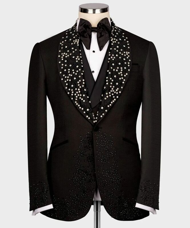 Cristalli neri abiti da uomo Set 2 pezzi Blazer + pantaloni Luxury Prom Groom smoking da sposa giacca su misura cappotto abbigliamento formale da ufficio