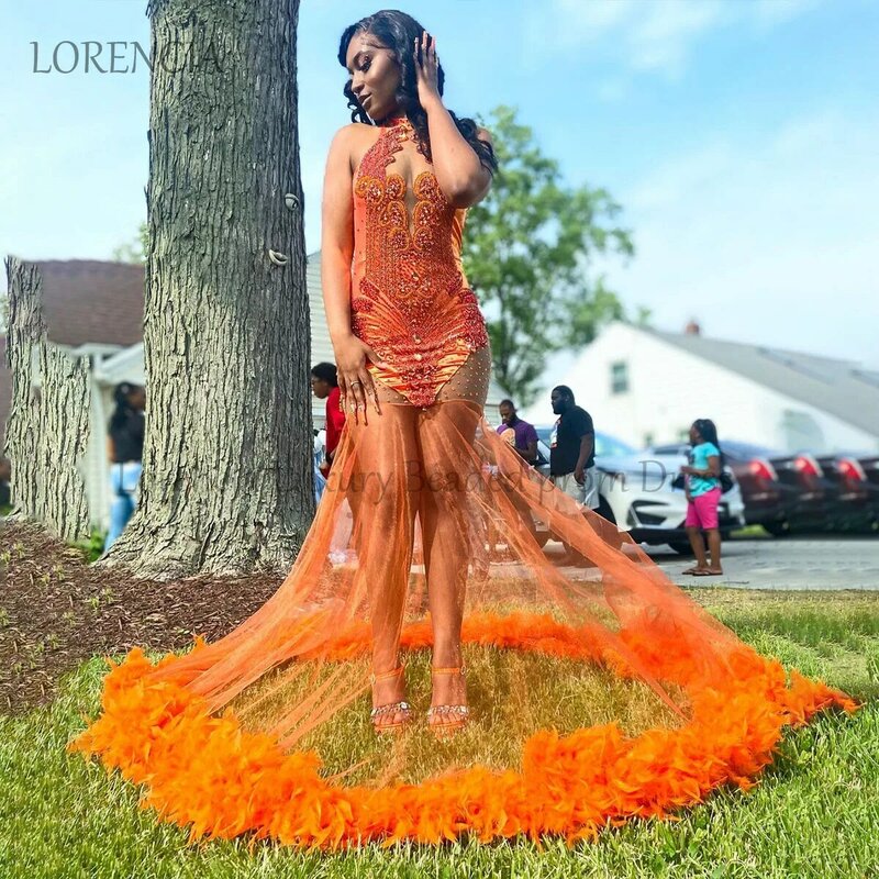 Orange Diamond Mermaid Prom Dresses Black Girls Feather Crystals Evening Party Gowns Sleeveless Tulle Formal vestidos de gala