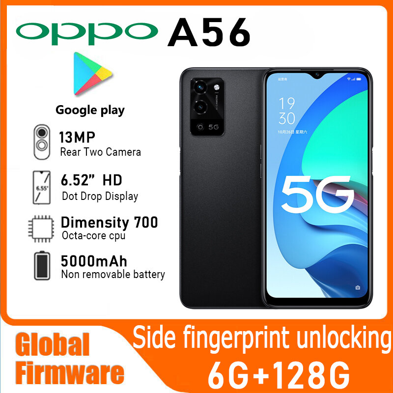 글로벌 펌웨어 OPPO A56 5G 스마트폰, 안드로이드 CPU 디멘션 700, 6.52 인치 화면, 6GB RAM, 128GB ROM, 5000mAh 충전, 옥타코어