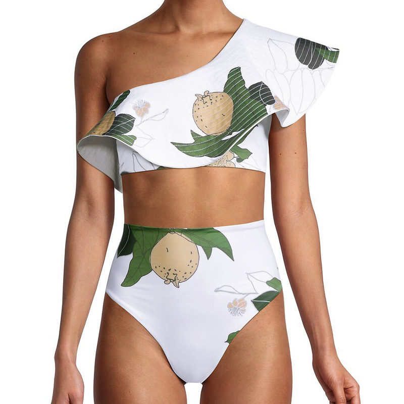Conjunto de biquíni feminino com babados estampado com um ombro, roupas de praia, moda praia de cintura alta, trajes sexy, tendência verão, 2024