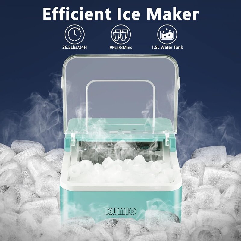 Mesin pembuat es pembersih 26.5 lbs/24 jam, mesin es pembersih sendiri, mesin es portabel dengan sendok es & keranjang, biru