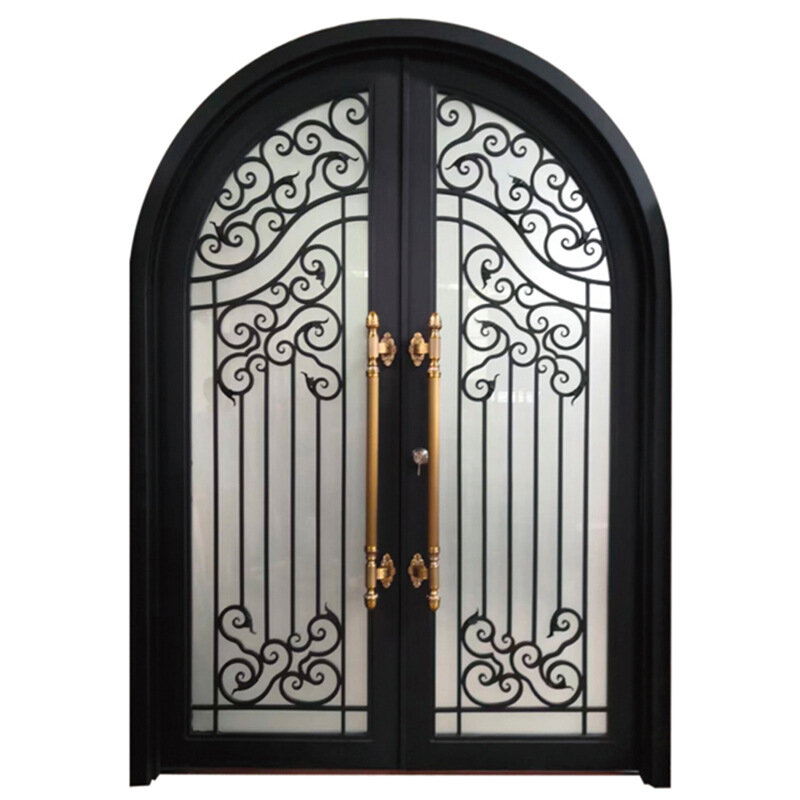 Porta de ferro forjado com portas de vidro da frente para a entrada da casa design de porta de entrada de ferro fundido galvanizado moderno