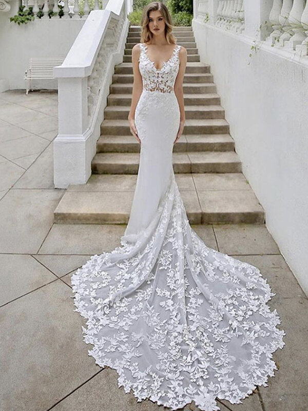 Vestido de noiva sereia com renda e trem longo, vestido de noiva chique, túnica sem mangas, vestido de noiva sexy, estilo boêmio, 2024