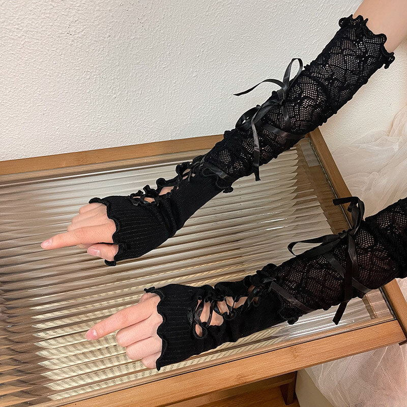 Gants sans doigts en dentelle Lolita Jk pour femmes, sangles gothiques noires, manches de protection solaire bricolage, accessoires vestisens, maille élastique, gants punk