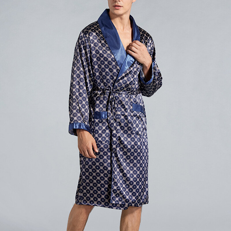 Roupão de cetim semelhante a seda para homens, pijama de luxo, roupão de quimono, roupão de dormir, loungwear, moda