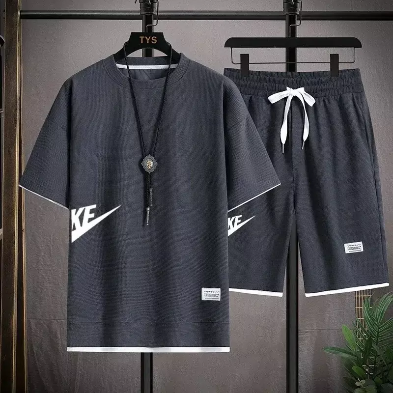 Корейская мужская спортивная одежда, футболка с коротким рукавом и спортивные шорты, искусственная кожа, костюм для бега